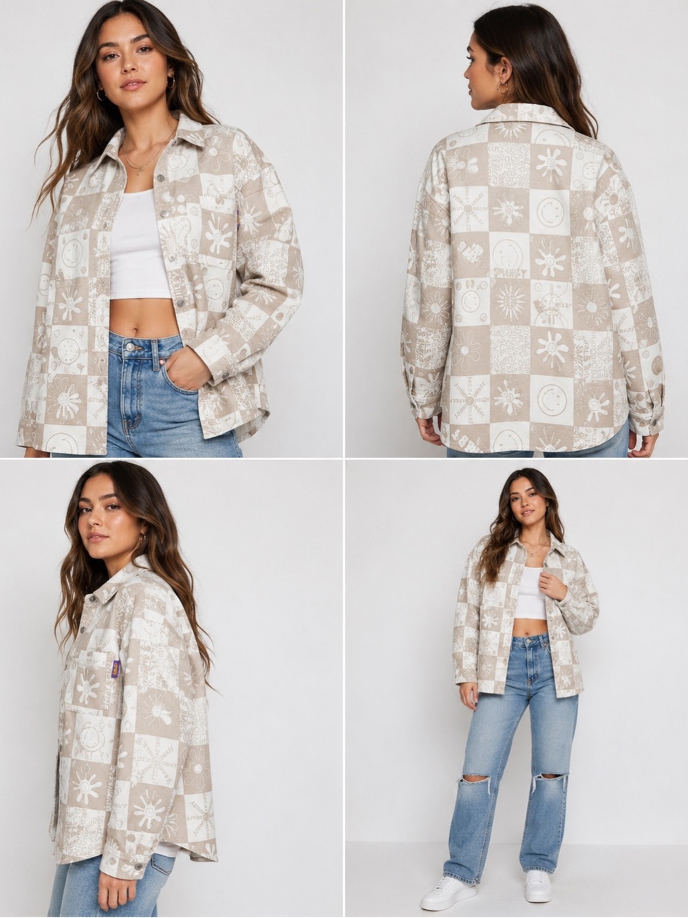 H&M Smiley Women’s Oversized Graphic Shacket Beige White Size XS